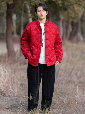 Red chinese tang style men jacket cotton padded winter coat for daily wear back view