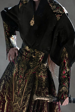 Red gold brocade horse face hanfu set luxury chinese embroidered skirt ensemble for wedding and ceremony back view