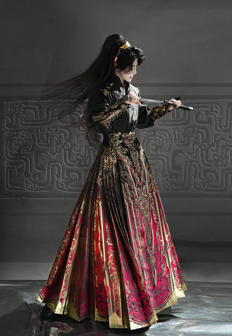 Red Gold Brocade Horse Face Skirt Set - Luxury Chinese Embroidered Hanfu Gold Brocade Waist Belt / 2XL Red Gold Brocade Horse Face Skirt Set - Luxury Chinese Embroidered Hanfu Gold Brocade Waist Belt / 2XL