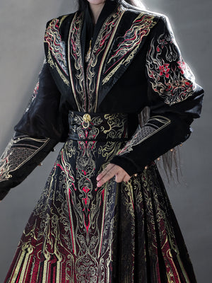 Red gold brocade mamian skirt set luxury embroidered hanfu ensemble for special occasions fabric and embroidery detail