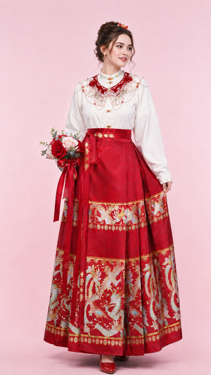 Red gold phoenix plus size mamian skirt set white long sleeve top chinese wedding toast dress for curvy women back view