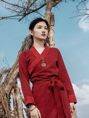 “Red Grace” – Tibetan-Inspired New Chinese Dress | Elegant Red Himalayan Style - Yandan_Hanfu