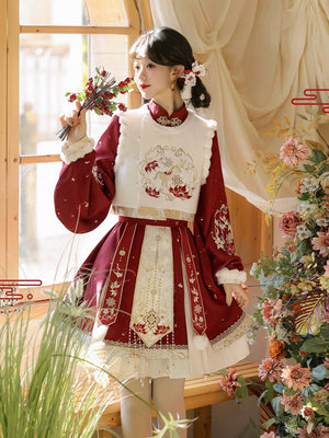 Red ma ta chunhua new year hanfu set traditional chinese festival dress for spring festival and photoshoot standing front