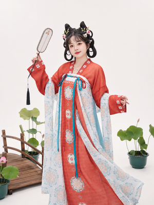Red tang dynasty plus size hanfu round collar robe white sheer wide sleeve cape blue green mamian skirt gold floral court style for curvy women back view