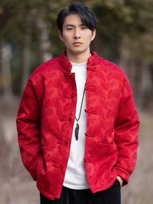 Red tang suit men cotton padded jacket traditional chinese coat for winter warmth front view with mandarin collar