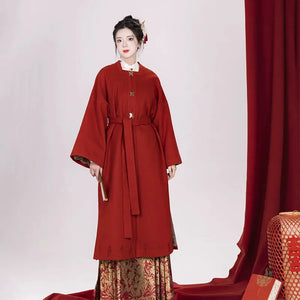 Red silk hanfu dress for women inspired by Song Dynasty, with traditional hanfu coat and jacket. Perfect for Chinese New Year, winter hanfu, graduations, hanfu cosplay, and casual wear. This red modern hanfu combines traditional and modern Chinese clothing styles, available for sale at hanfu shops and online stores. Ideal choice for hanfu women looking for elegant and versatile Chinese clothing.