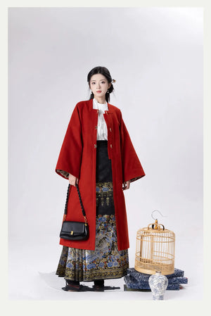 Red silk hanfu dress for women inspired by Song Dynasty, with traditional hanfu coat and jacket. Perfect for Chinese New Year, winter hanfu, graduations, hanfu cosplay, and casual wear. This red modern hanfu combines traditional and modern Chinese clothing styles, available for sale at hanfu shops and online stores. Ideal choice for hanfu women looking for elegant and versatile Chinese clothing.