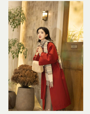 Red silk hanfu dress for women inspired by Song Dynasty, with traditional hanfu coat and jacket. Perfect for Chinese New Year, winter hanfu, graduations, hanfu cosplay, and casual wear. This red modern hanfu combines traditional and modern Chinese clothing styles, available for sale at hanfu shops and online stores. Ideal choice for hanfu women looking for elegant and versatile Chinese clothing.