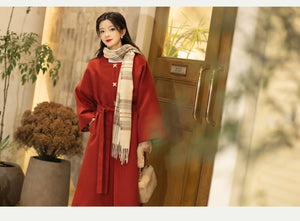 Red silk hanfu dress for women inspired by Song Dynasty, with traditional hanfu coat and jacket. Perfect for Chinese New Year, winter hanfu, graduations, hanfu cosplay, and casual wear. This red modern hanfu combines traditional and modern Chinese clothing styles, available for sale at hanfu shops and online stores. Ideal choice for hanfu women looking for elegant and versatile Chinese clothing.
