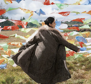 Reimagined tibetan style trench coat detachable fur collar for women daily and travel fabric and fur detail