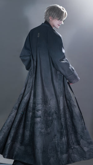 Rivers and mountains chinese landscape wool coat black grey gradient print long overcoat for winter back view