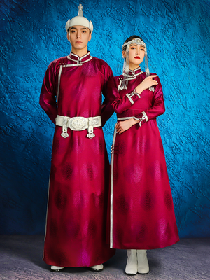 Rose red mongolian wedding robe for couple traditional ethnic dress set for bride and groom photoshoot standing front