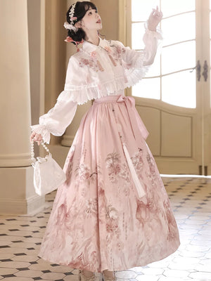 Contemporary chinese hanfu set Sakura Rain with traditional inspired top skirt and elegant shawl