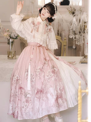 Modern hanfu set Sakura Rain with contemporary chinese top skirt and flowing shawl detail