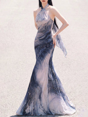 Sea blue ocean tide strap shoulder cut knitted dress long fish tail versatile vacation waist femininity for women front view