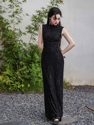 Silent fragrance velvet beaded sleeveless qipao floor length dress with new chinese style blazer for formal events back view
