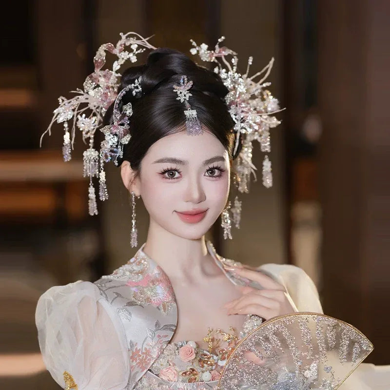 Silver Pink Chinese Bridal Hairpin Set – Elegant Crystal Headpiece for Hanfu & Qipao Wedding - Yandan_Hanfu