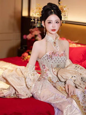 Song dynasty misty river floral beizi set lightweight embroidered jacket with pleated skirt for spring summer standing front