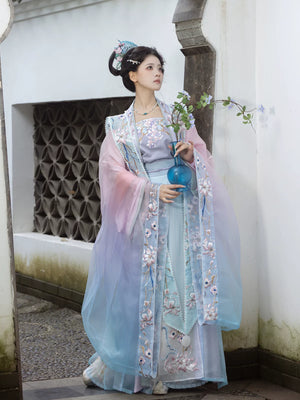 Song dynasty yu yin purple blue gradient embroidered 5 piece hanfu set for daily and photoshoot standing