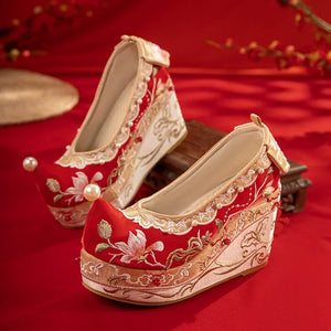 Song style qipao embroidered heels hanfu inspired shoes with pearl detail and 10cm lift for women pearl detail