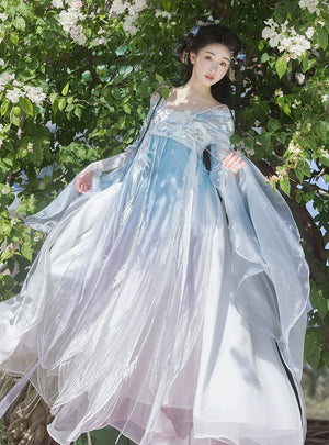 Spring summer qingque hanfu set blue sparrow heavy embroidery chest length skirt