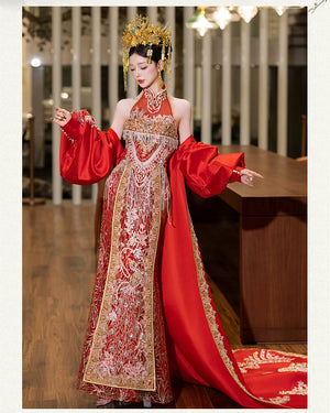 Stunning red east west gown body hugging mermaid tail and traditional chinese mandarin collar full length view