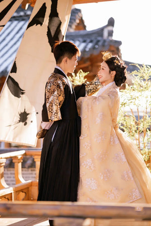 Summer photoshoot couple hanbok korean palace style wedding dress with lace detail