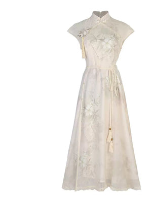 Sweet chinese garden style lolita modern hanfu ivory mandarin collar short sleeve cheongsam with layered lace tulle skirt for women lace and tulle detail