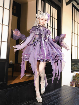 Sweet cloud shoulder purple lolita hanfu chinese style suspender dress set full length view