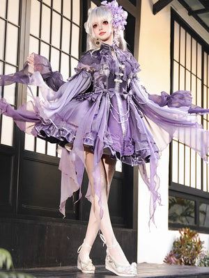 Sweet purple lolita hanfu dress chinese style suspender set with cloud shoulder detail side view