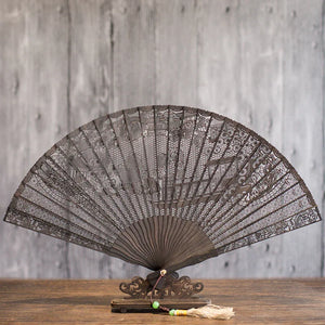 Suzhou sandalwood fan hollow sandalwood Chinese style folding fan - Yandan_Hanfu