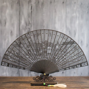 Suzhou sandalwood fan hollow sandalwood Chinese style folding fan - Yandan_Hanfu