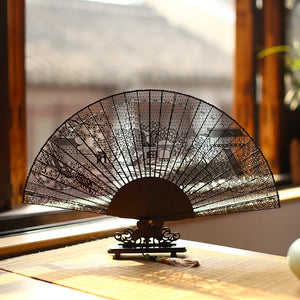 Suzhou sandalwood fan hollow sandalwood Chinese style folding fan - Yandan_Hanfu