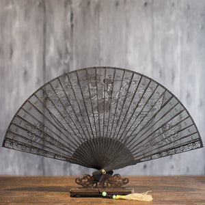 Suzhou sandalwood fan hollow sandalwood Chinese style folding fan - Yandan_Hanfu