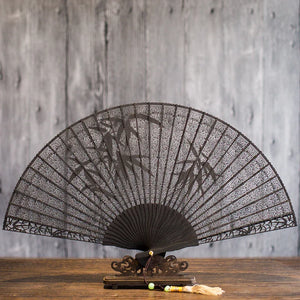 Suzhou sandalwood fan hollow sandalwood Chinese style folding fan - Yandan_Hanfu