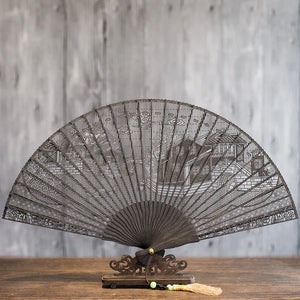 Suzhou sandalwood fan hollow sandalwood Chinese style folding fan - Yandan_Hanfu