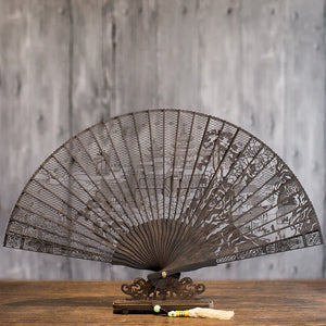 Suzhou sandalwood fan hollow sandalwood Chinese style folding fan - Yandan_Hanfu