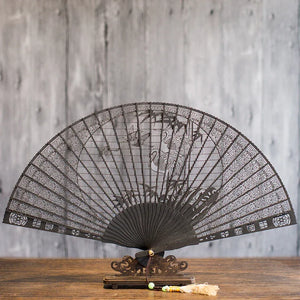Suzhou sandalwood fan hollow sandalwood Chinese style folding fan - Yandan_Hanfu