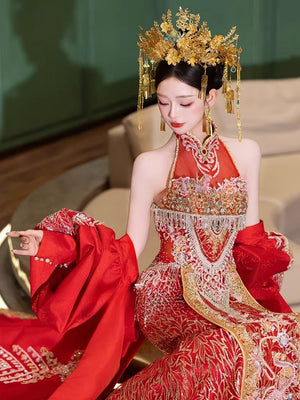 The red east meets west gown mermaid tail and mandarin collar for women evening formal wear front view