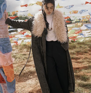 Tibetan inspired reimagined trench coat detachable fur collar for women winter and autumn back view