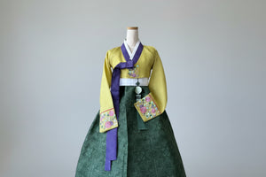 Timeless korean hanbok bold yellow and green silhouette with hand embroidered florals