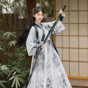 Traditional chinese martial arts ink wash hanfu dark green and white swordwoman robe costume for women ink wash detail