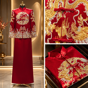 Traditional chinese wedding men xiuhe suit red gold dragon phoenix embroidered long sleeve mandarin collar groom outfit for men embroidery detail