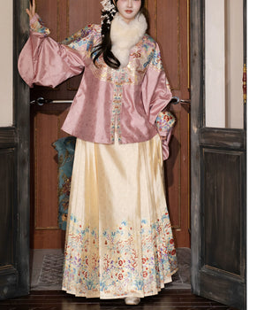 Traditional elegant brocade hanfu set ming dynasty inspired jacket and mamian skirt for spring autumn full length view