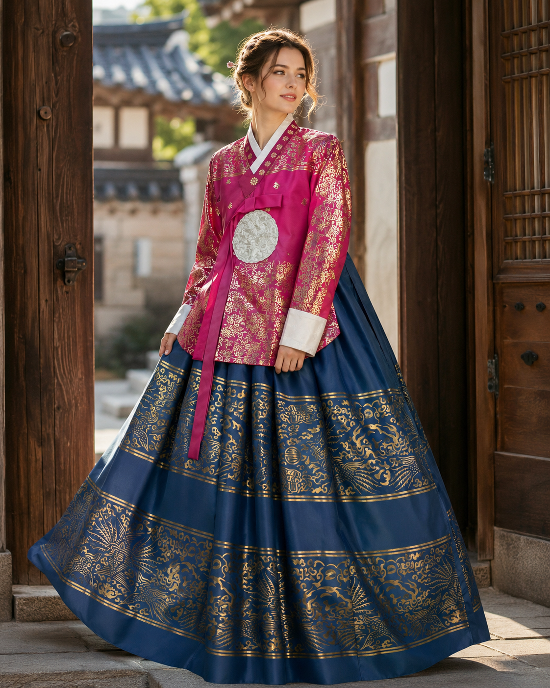 Traditional hanbok rose pink floral jeogori and navy blue gold dragon jacquard chima skirt royal court style for women front view