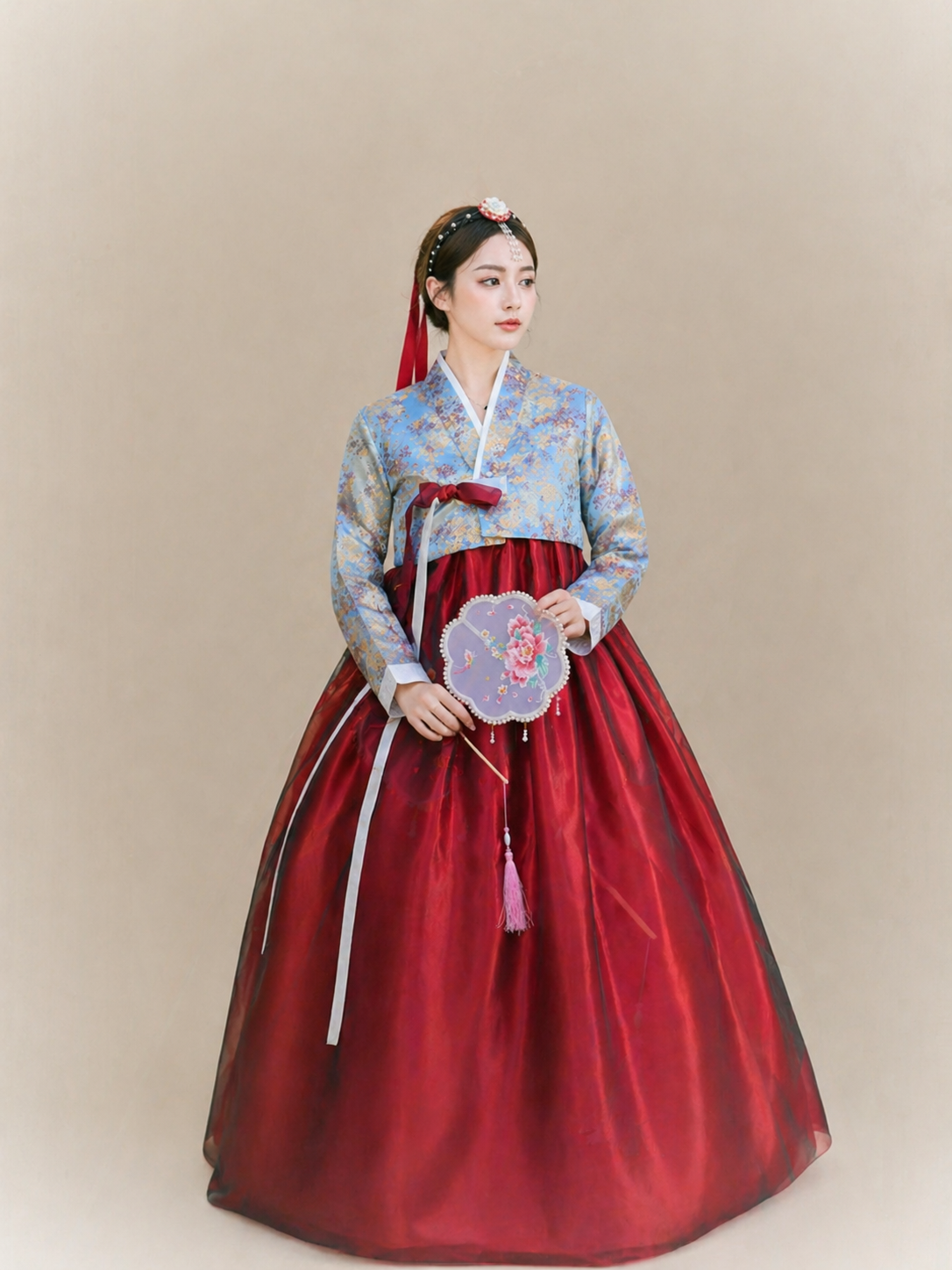 Traditional korean court style hanbok elegant women dress for photo shoot dance and performance back view