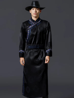 Traditional men mongolian long robe ethnic costume for daily living and stage performance side view