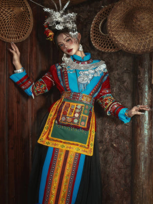 Traditional miao ethnic costume set tujia minority dress for stage dance and travel photoshoot side view