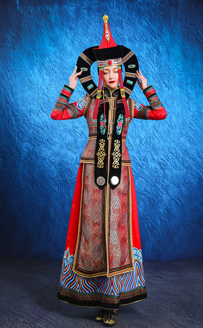 Traditional mongolian horqin horn headdress noble ethnic headgear for folk dance stage performance side view
