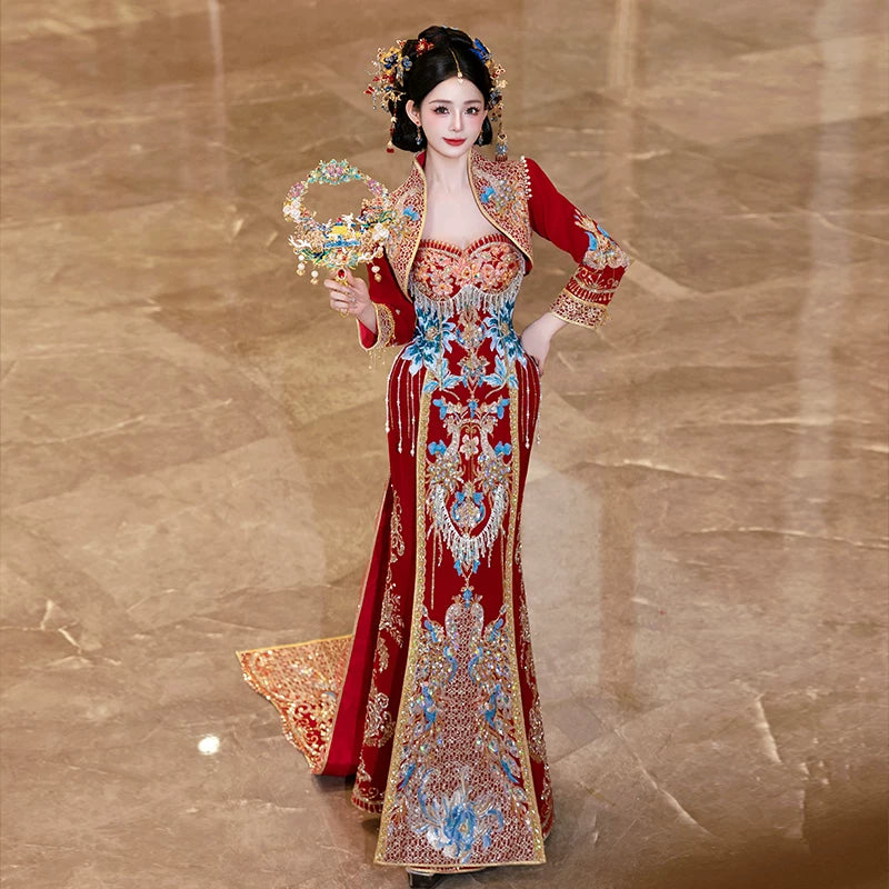 Trailing bridal show cheongsam new chinese luxury wedding dress bridal gown for bride front view